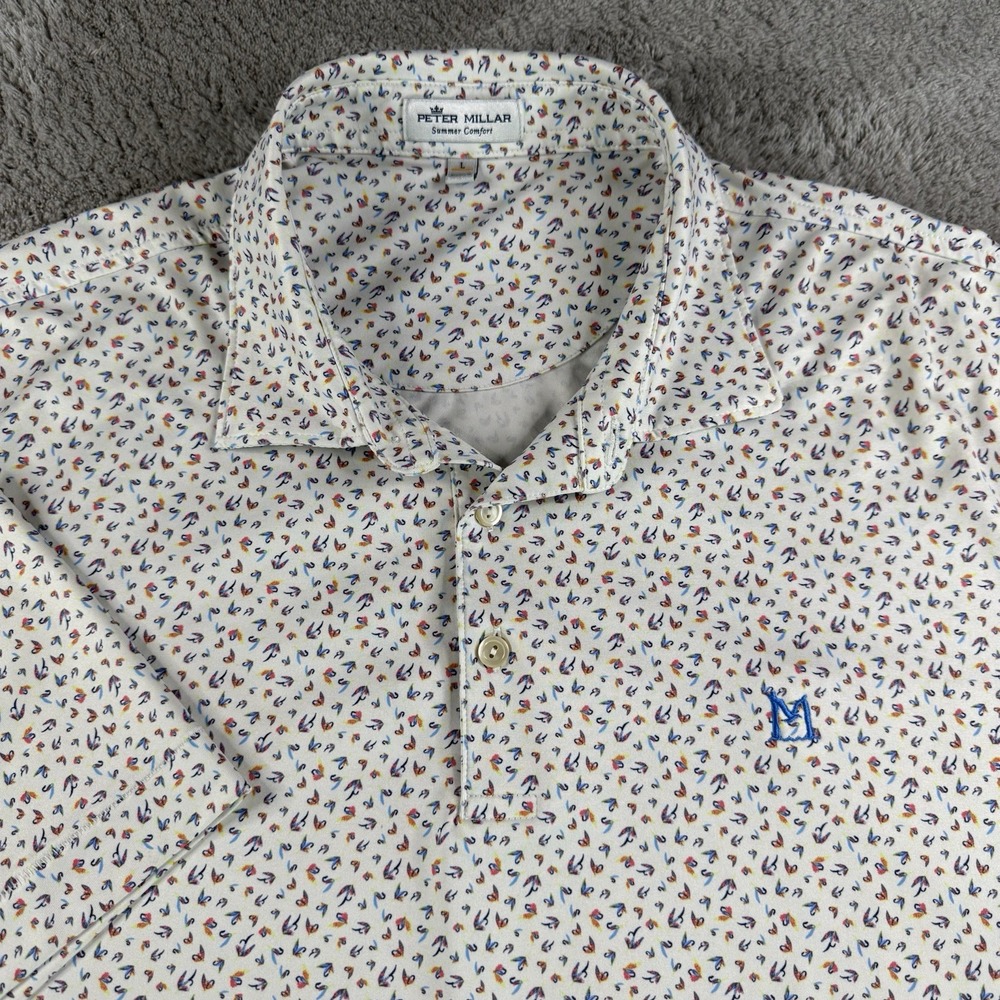 Peter Millar Summer Comfort Mens L Golf Polo Shirt White Multicolor Bird Print